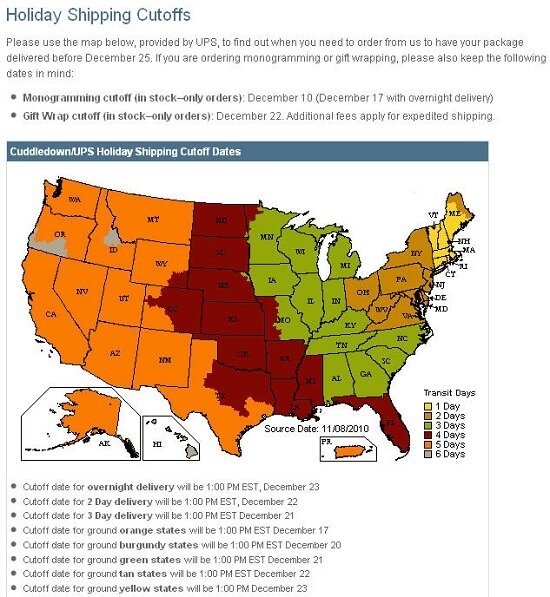 Cuddledown_ShippingCutoff_Map Example of detailed delivery schedule infrormation from Cuddledown