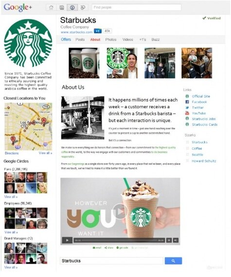 Mockup of Google+ brand page for Starbucks
