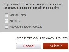 Example of personalization of email at signup from Nordstrom