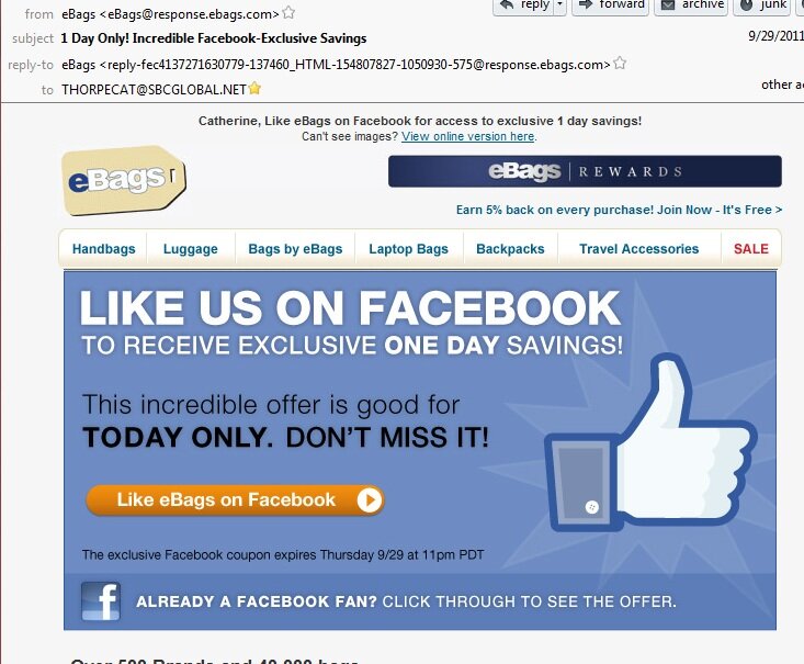 ebags_facebook1day compelling email calpaign promoting Facebook "likes from eBags