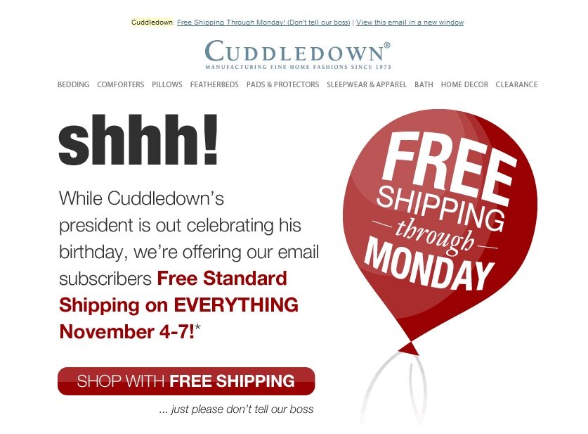 cuddle_freeshipweekend Holiday offer example from MarketLive merchant Cuddledown