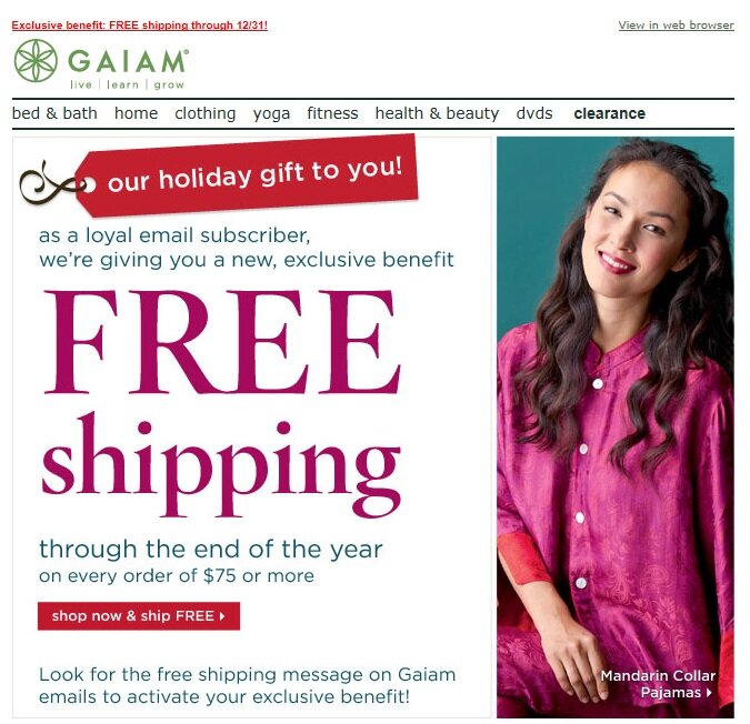 gaiam_existingemail_freesip Gaiam email promoting free shipping