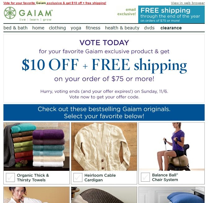 gaiam_vote Example of holiday offer from MarketLive merchant Gaiam