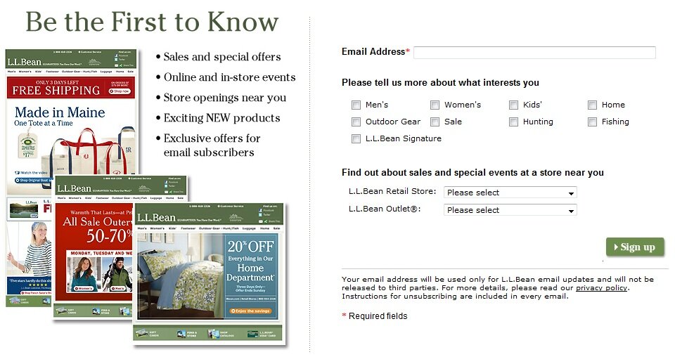 llbean_signup Email signup example from L.L. Bean