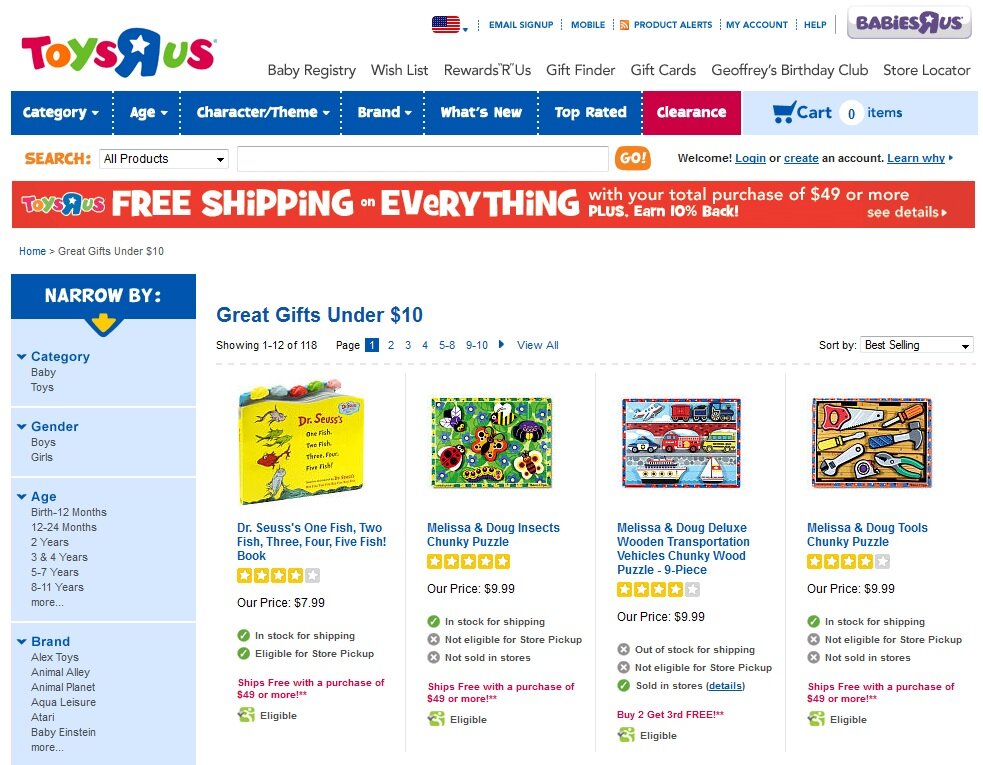 Example of search redirect from Toys R Us