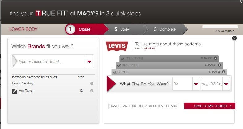 apparel_truefit Fit guide example from Macys