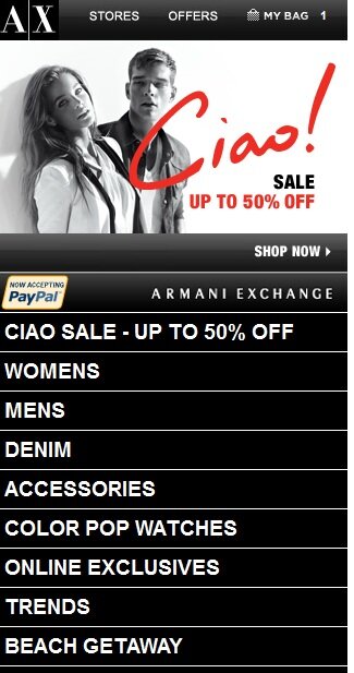 mobile_altpayment_armani Alternative payment example from Armani Exchange
