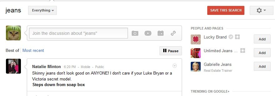 gplusyourworld Google+ search results example