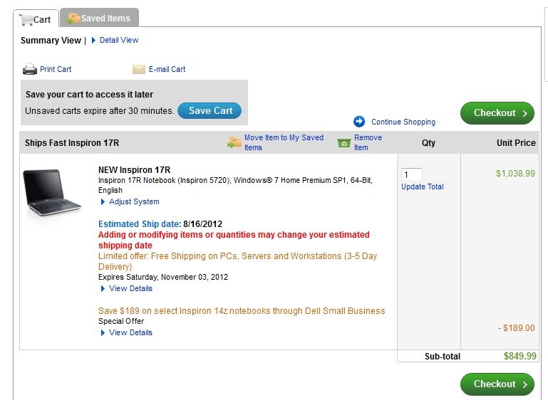 research_saveprint Shopping cart example from Dell