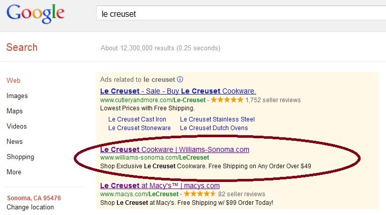 lp_lecreuset Paid search placement example from Williams-Sonoma