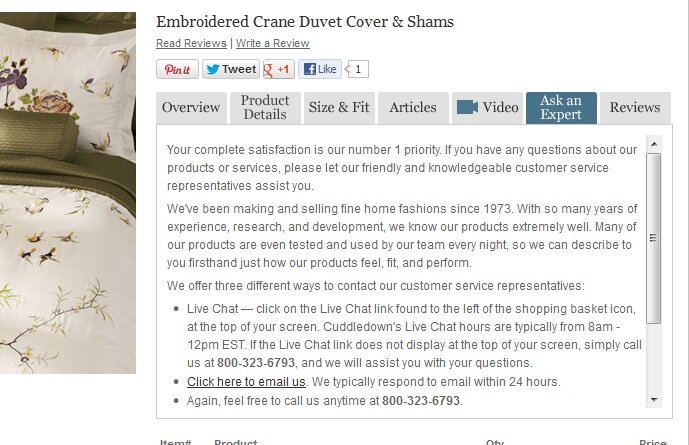 cuddledown_custsvc Customer service example from Cuddledown