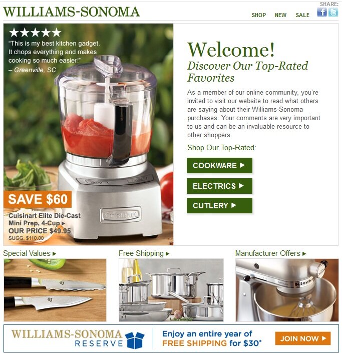 Welcome email example from Williams-Sonoma