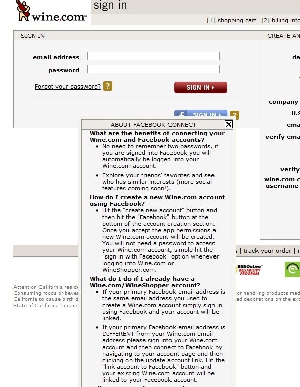 Social login example from Wine.com