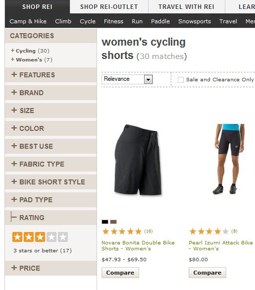 Faceted search example from REI