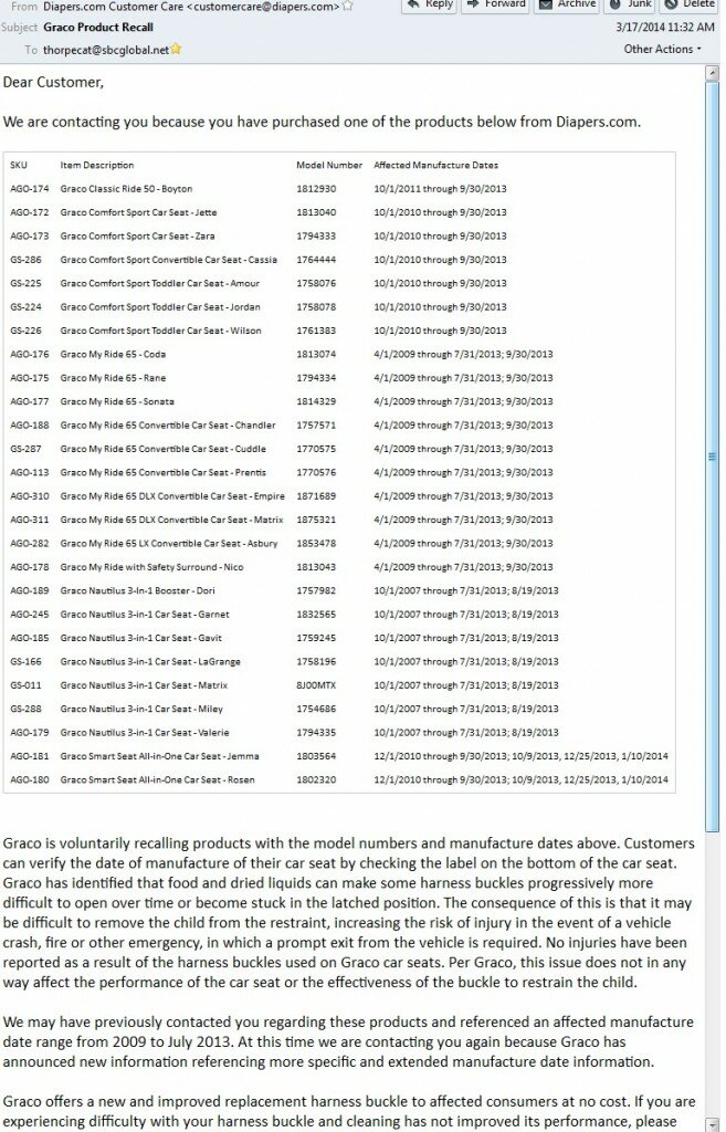 Diapers.com Graco Product Recall Email Diapers.com Graco Product Recall Email